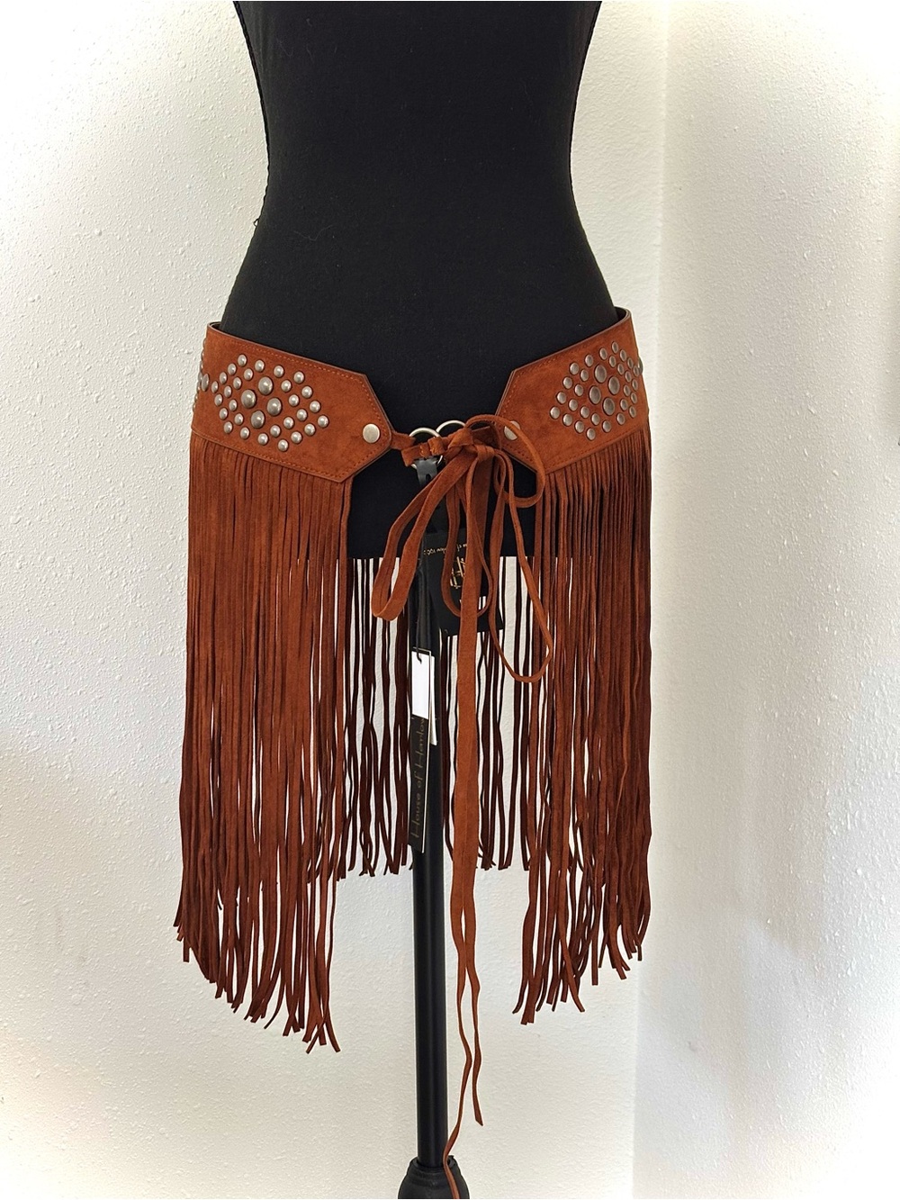House of Harlow 1960 Rust Fringe Suede Waist Belt with Studs